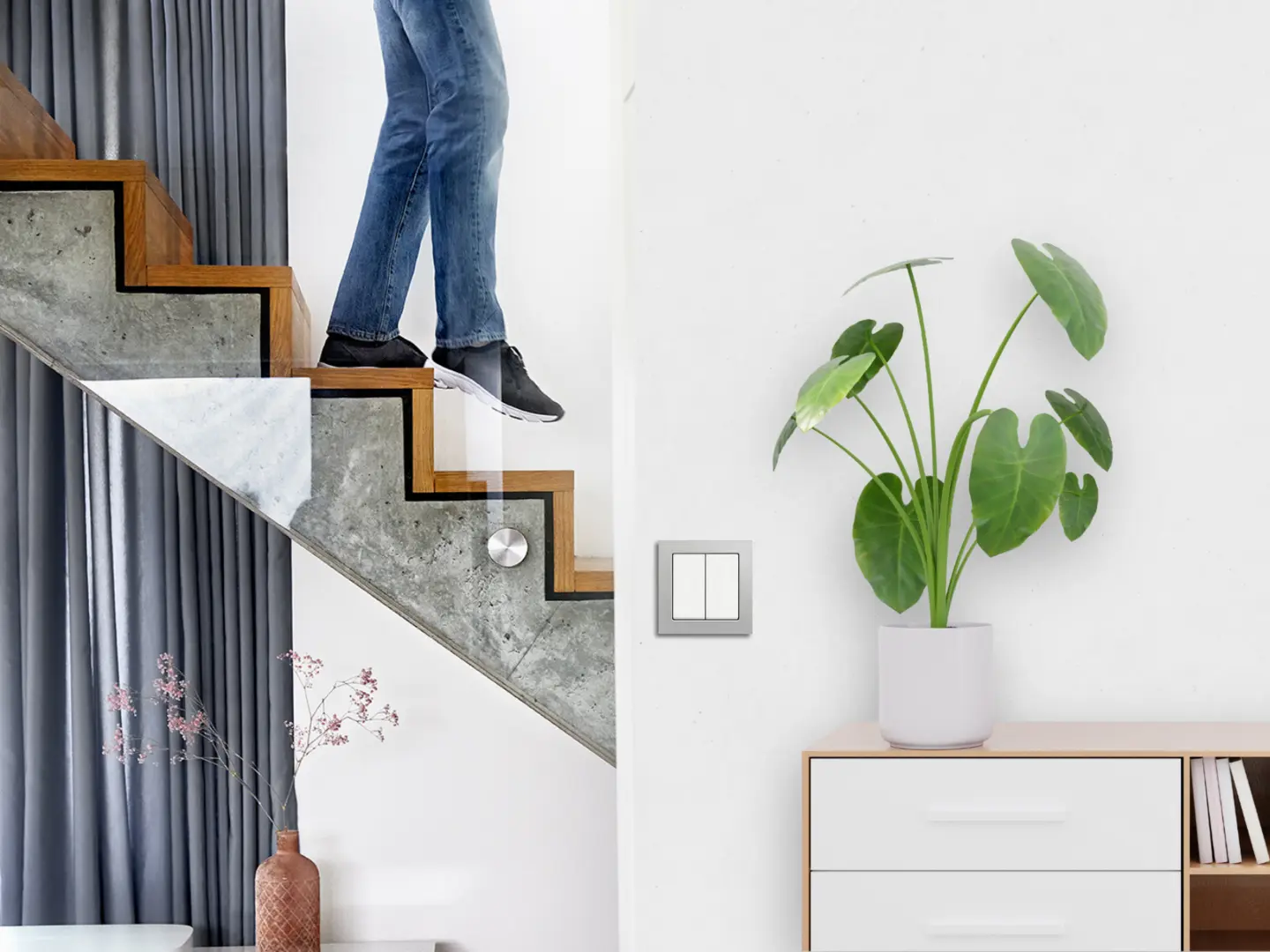 Eine stilvolle Kommode im Vordergrund und eine Treppe im Hintergrund, auf der eine Person hinuntergeht. Der Smart Switch Wireless ist in der Wand installiert und bietet moderne Steuerungslösungen.
