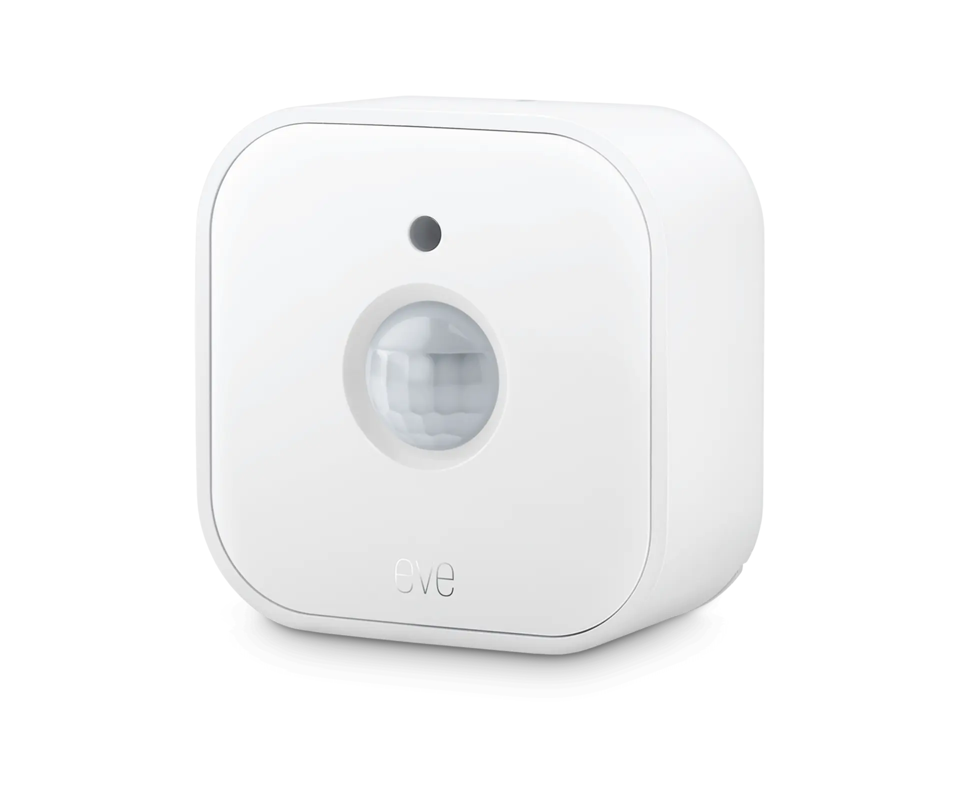 Bewegungsmelder in weißem Gehäuse mit einer runden Linse in der Mitte und einer kleinen Statusanzeige oben.