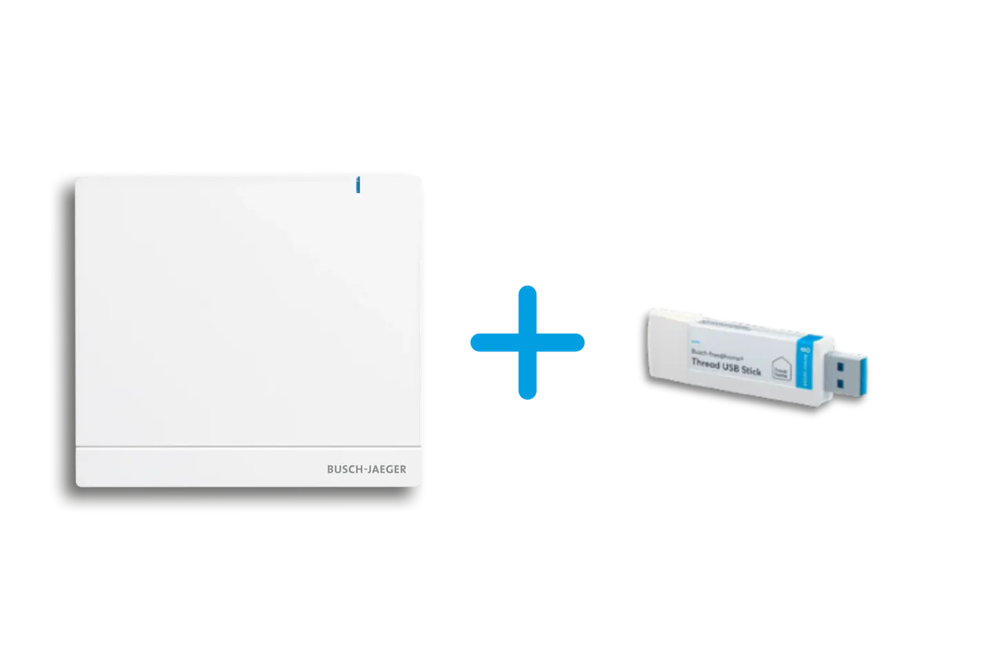 Weißes Smart-Home-Gerät in quadratischer Form, kombiniert mit einem USB-Gerät für die Datenübertragung.