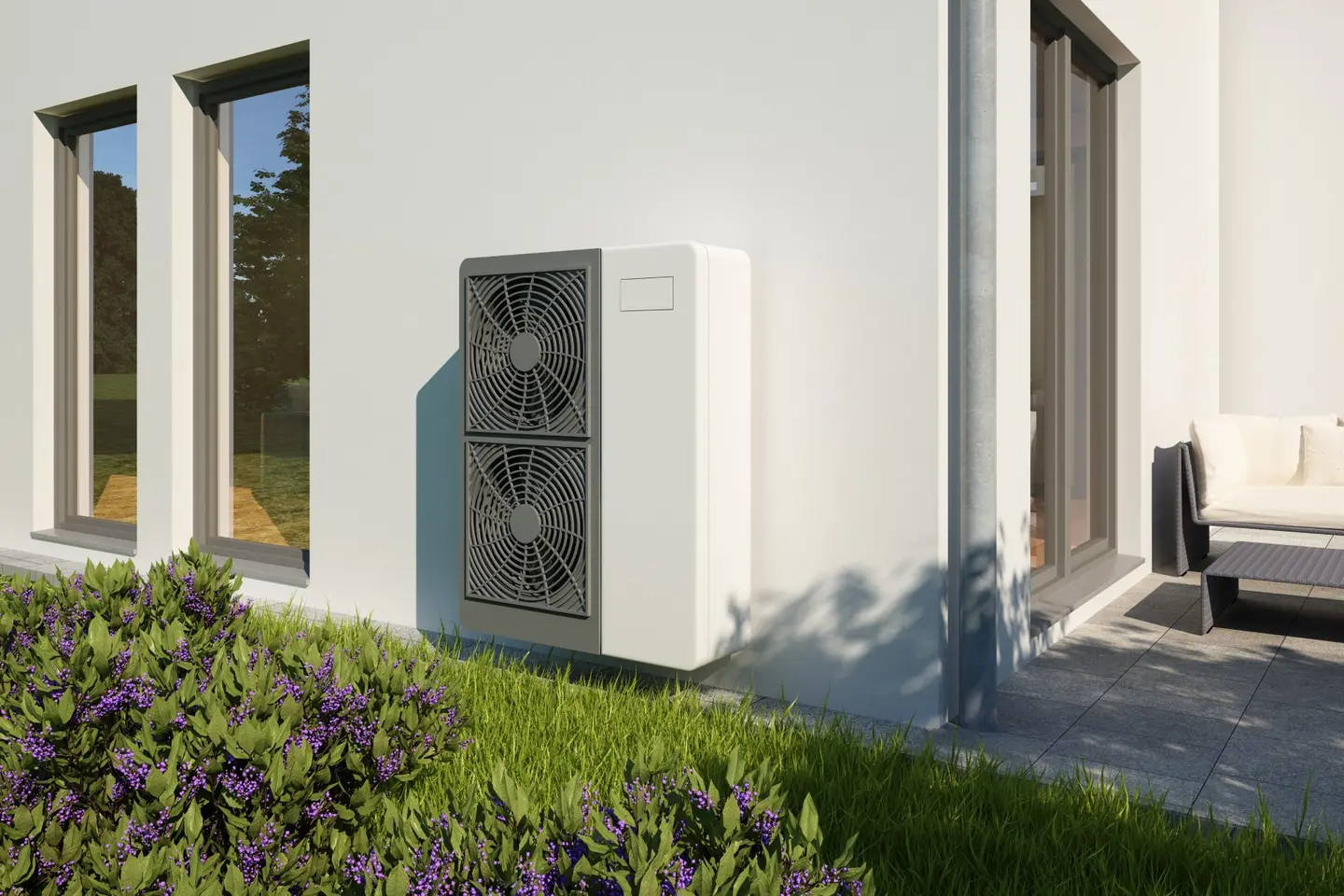 Außenwandgeräte mit zwei Ventilatoren und einer weißen Einheit, möglicherweise Klimaanlage oder Wärmepumpe, an einem Gebäude.