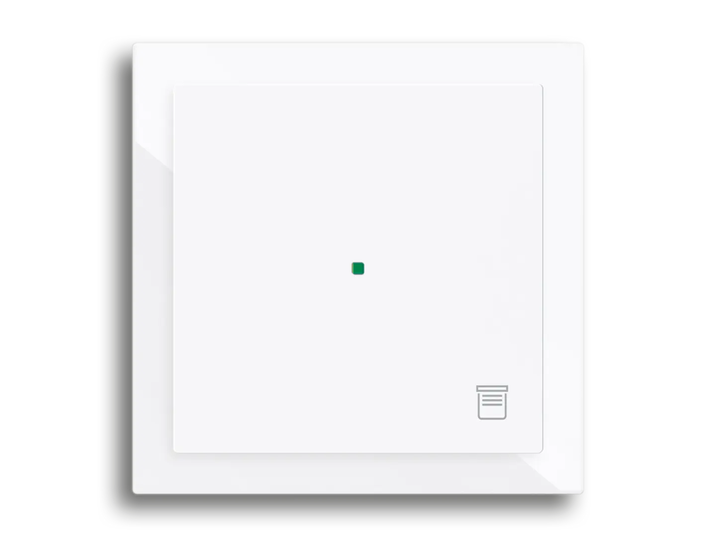 Wit, vierkant muurschakelaar met een minimalistisch ontwerp en een klein groen indicatielampje in het midden. 
