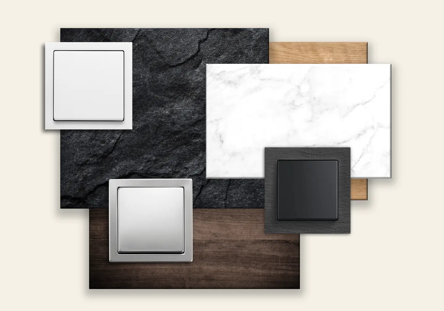 Sammlung von Lichtschaltern in verschiedenen Materialien und Farben: Weiß, Schwarz, Edelstahl, Holz und Marmor.