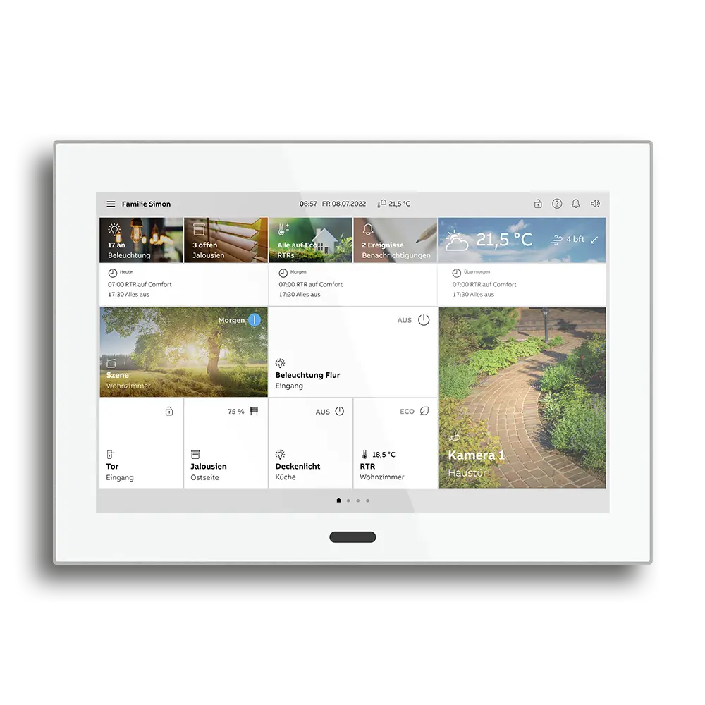 Smart Home Steuerungstafel mit verschiedenen Einstellungen für Temperatur, Sicherheit und Raumkomfort.